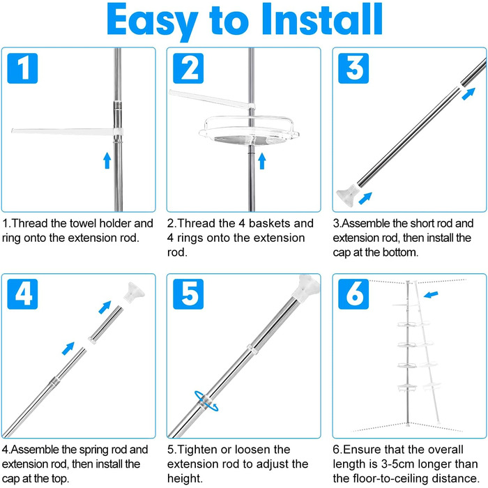 Телескопічна душова полиця ZHUGE , регульована кутова полиця для душу з 4 полицями, 4 гачками, анга для рушників для зберігання у ванній кімнаті, нержавіюча, 70-330 см від підлоги до стелі, біла