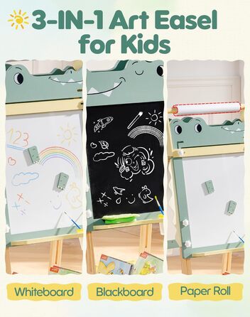 Мольберт для малювання ROBOTIME Alligator – 3-в-1, регульована висота, дерев'яний мольберт з магнітною дошкою, крейдяною дошкою та держателем для рулонів паперу, дитяча арт-станція для хлопчиків та дівчаток