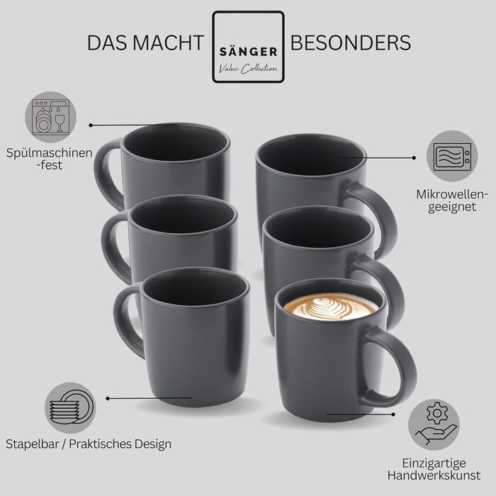 Набір кавових чашок SÄNGER Leeds Nightsky (6 шт.), 380 мл, кераміка, блакитно-сірий, для кави та чаю, миючі в посудомийній машині, для мікрохвильової печі