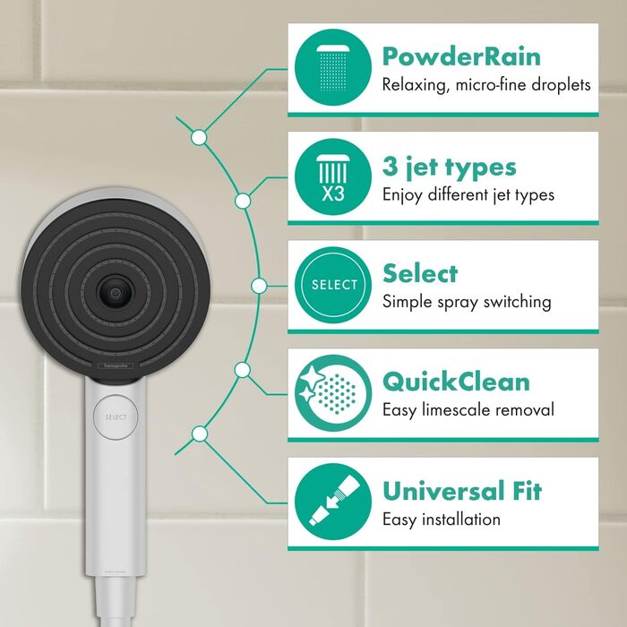 Душова лійка Hansgrohe Pulsify Select S, 6.9 л/хв (EcoSmart), ручна, 3 режими, Antikalk, PowderRain, MonoRain, матовий білий
