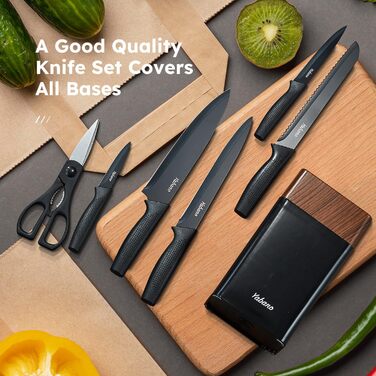 Набір кухонних ножів Yabano 7 предметів з підставкою та точилкою, кухонний набір ножів з чорним пластиковим блоком