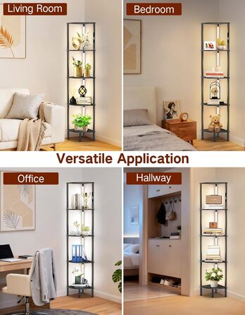 LED торшер з полицею: 3 режими світла, димування (сенсор, пульт), кутова полиця 5 рівнів, вузька книжкова шафа для вітальні, спальні, офісу (чорний)