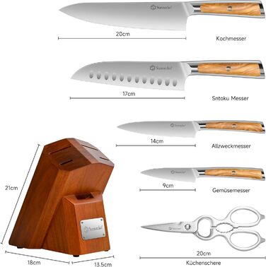 Набір ножів Sunnecko 6 шт. з підставкою – кухонний набір ножів для кухні, з ергономічними ручками та гострими лезами, з підставкою з нержавіючої сталі та акацієвого дерева