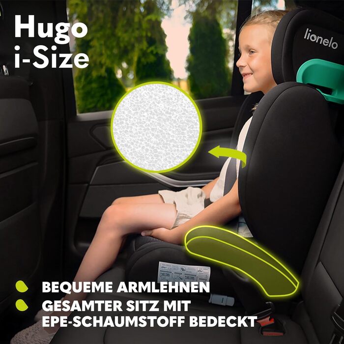 Дитяче автокрісло LIONELO HUGO I-SIZE, група 2 3, від 100-150 см, установка ISOFIX, регульований підголівник, піна з ефектом пам'яті, бічний захист, зручні підлокітники (рожеві)