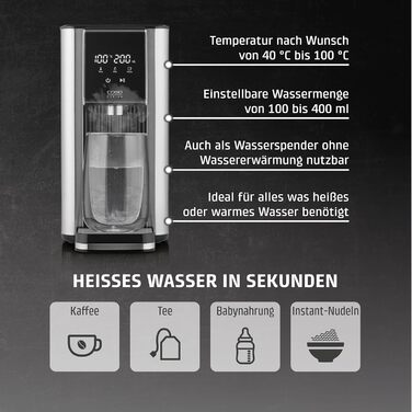 CASO HW 620 - Нагрівач води, 2600W, 40-100°C, 7 режимів подачі, бак 2,5л, економія енергії, функція для дітей, нержавіюча сталь, фільтр для води, нагадування про декальцинацію