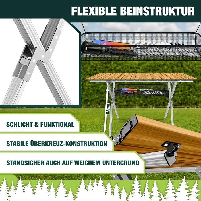 Кемпінговий стіл KESSER® розкладний, з алюмінієвим каркасом, регулювання висоти, 90x53 см, до 100 кг, з сумкою та сітчастою кишенею, (145x70 см, імітація дерева)
