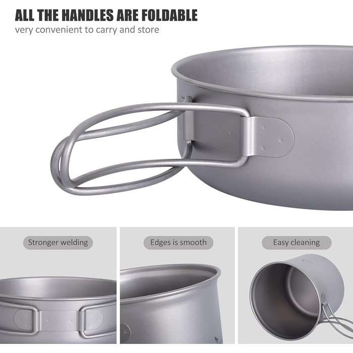 Набір посуду для кемпінгу iBasingo з титану: каструля та сковорода з складаним ручками. Легкий набір для приготування їжі на природі, туризму та пікніків. Модель Ti2052C