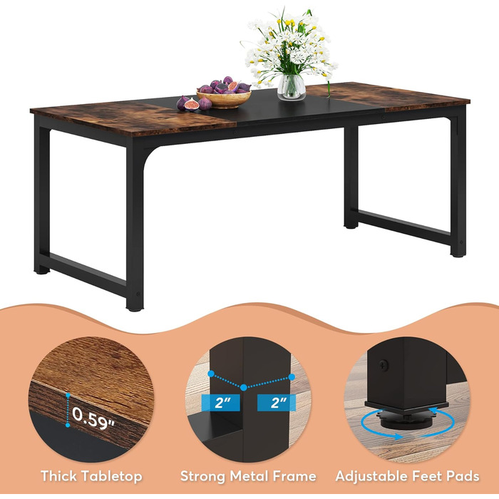 Стіл Tribesigns 180x80 см, індустріальний кухонний стіл на 6-8 осіб, прямокутний стіл для їдальні, кухні, вітальні, з міцними металевими ніжками (Рустиковий Коричневий)
