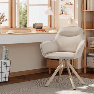 Обідні стільці поворотні з підлокітниками, комплект 6 шт, з м'яким сидінням з велюру, бежевий колір, для кухні та вітальні