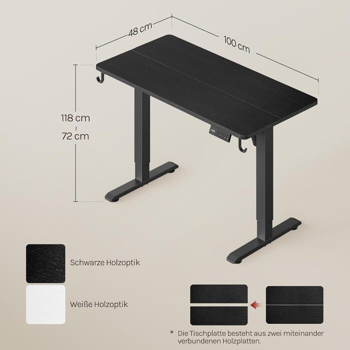Електричний підйомний стіл WOLTU з функцією пам'яті та захистом від зіткнень, комп'ютерний стіл для дому та офісу, чорний, 100 x 48 см