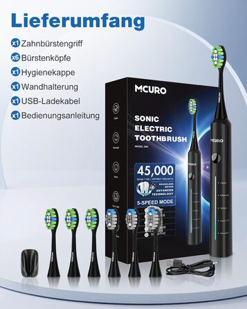 Електрична звукова зубна щітка, 45000 VPM, відбілювання за 1 тиждень, 120 днів роботи від акумулятора, індикатор заряду, 6 насадок DuPont, 5 режимів, таймер, чорна