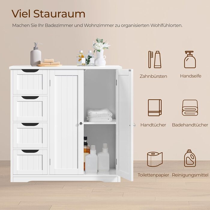 Шафа для ванної кімнати Yaheetech з 4 висувними ящиками та 2 дверцятами, тумбочка для ванної кімнати, шафа для підлоги, з регульованою полицею, для ванної кімнати, вітальні, коридору, кухні, білий, 81 × 30 × 83 см