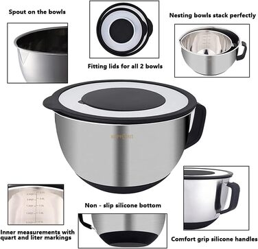 Набір місок для перемішування HAPPY KIT 18/8 з кришкою, 2 шт. (3QT, чорний). З нержавіючої сталі, з виливом, антиковзким дном та насадками для тертя.