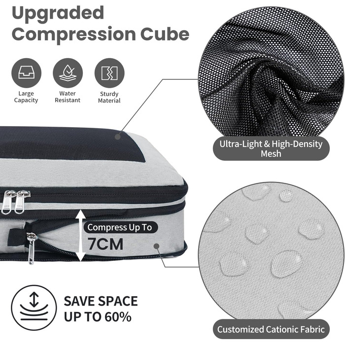 Набір компресійних органайзерів для подорожей з сіткою, розширювані пакувальні куби для одягу в валізу, сірі, 6 предметів
