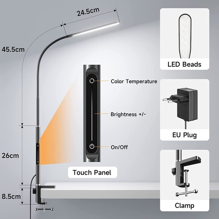 Настільна лампа зі світлодіодним затиском, з можливістю затемнення, поворотний кронштейн, пульт дистанційного керування, 4 колірні температури (чорний)