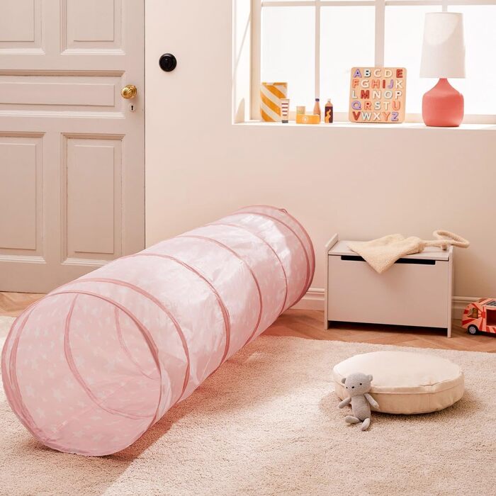 Дитяче намету для ігор | Ігровий намет-типі для дівчаток та хлопчиків, 140 x 120 см, бавовняна канва з зірками, килимок в комплекті (рожевий намет з тунелем)