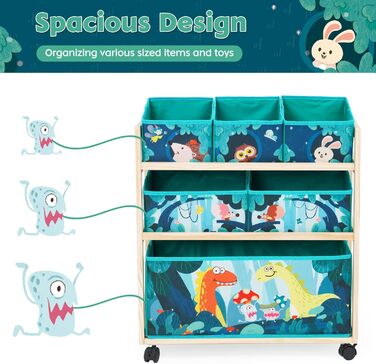 Органайзер для іграшок HOMCENT з колесами та 6 контейнерами, велика місткість, тематика динозаврів для дитячої кімнати