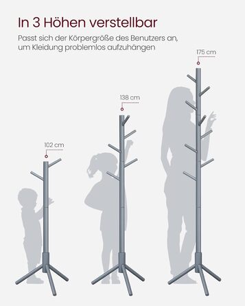 Дзеркало-вішалка для одягу VASAGLE з масиву дерева, сірого кольору, 8 гачків, 3 регульовані висоти, для вітальні, спальні, офісу
