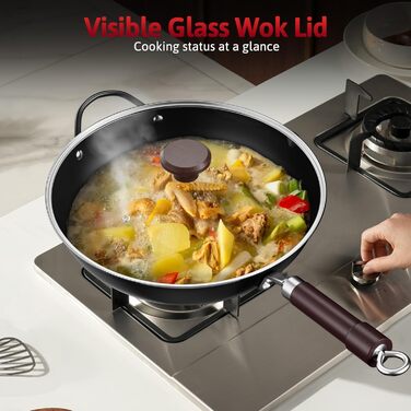 Вок Jobin 32 см з вуглецевої сталі з кришкою, дерев'яним та сталевим ручками, для приготування азійських страв (3-5 осіб), сумісний з Induktion, електро та газовими плитами - Чорний