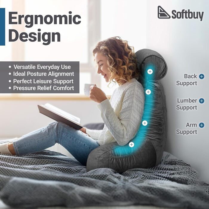 Велике читальне крісло-подушка Softbuy 78,7 см з підголовником, регульована XL-подушка для ліжка, м'яке крісло для дорослих з підлокітниками, ідеально для читання та відпочинку, велике X-Large