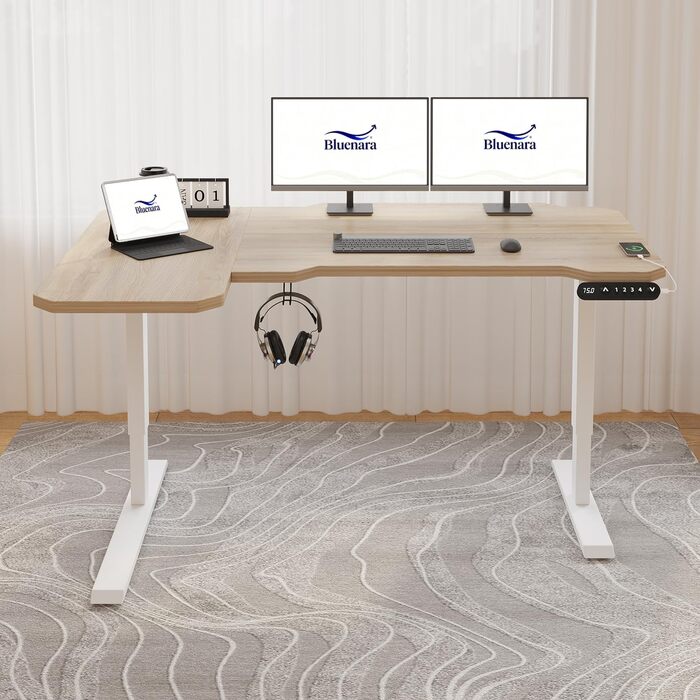 Електричний кутовий стіл з регулюванням висоти 150 см, L-подібний, з 4-ма пам'ятями, світлий дуб, для дому та офісу