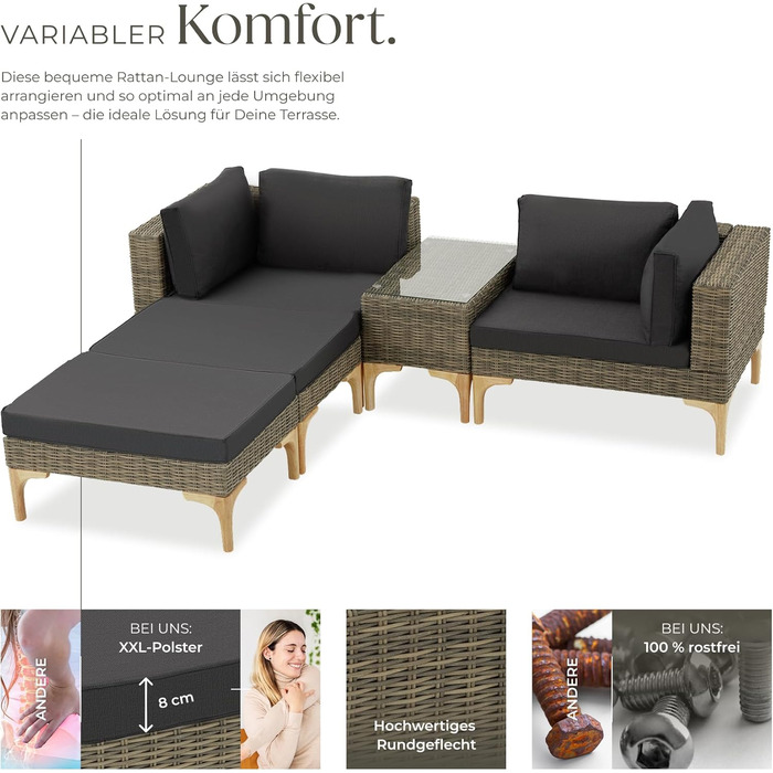 Тектейк® Набір садово-розкладних меблів з ротангу Outdoor Lounge на 5 місць, з кутовим кріслом, пуфом, столиком, комплект для відпочинку, з подушками для сидіння та спинки (Натуральний)