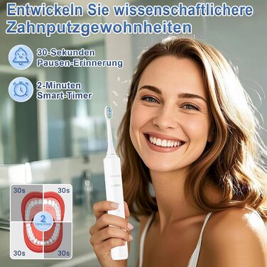 Електрична зубна щітка Betterchoi з магнітною левітацією, 41 000 VPM, 4 насадки, IPX7, 180 днів роботи, 5 режимів, таймер, білий