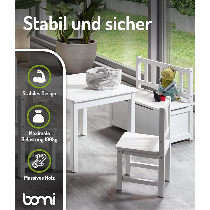 Дитячий меблевий набір Bomi Anna: стіл, 2 стільці та лавка-сховище | Меблі для дитячої кімнати з FSC сертифікованого дерева | Білий