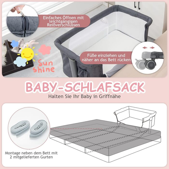 Двофункціональне ліжко-приліжкова стільниця Dreamade 2 в 1 з регулюванням висоти, з матрацом та колесами, 86 x 63 см, для новонароджених до 9 кг, з нахилом 10°, сірий колір