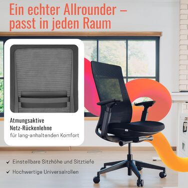 Крісло Yaasa Ergonomic – ергономічне офісне крісло з підтримкою попереку та регульованими підлокітниками – поворотне крісло з регулюванням опору спинки – для дому та офісу – 120 кг (Чорний, Essential)