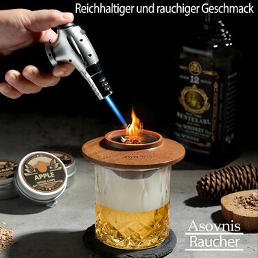 Набір для копчення віскі з факелом, 6 смаків, тріски, 2 склянки, 6 контейнерів для віскі, набір для коктейлів, набір для копчення напоїв, подарунок на день народження для Бурбон-віскі для чоловіків (без бутану)