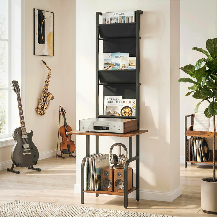 Індустріальна полиця для CD, зберігання CD та DVD з 3 текстильними кишенями та стільницею, у стилі рустикального дерева коричневого кольору