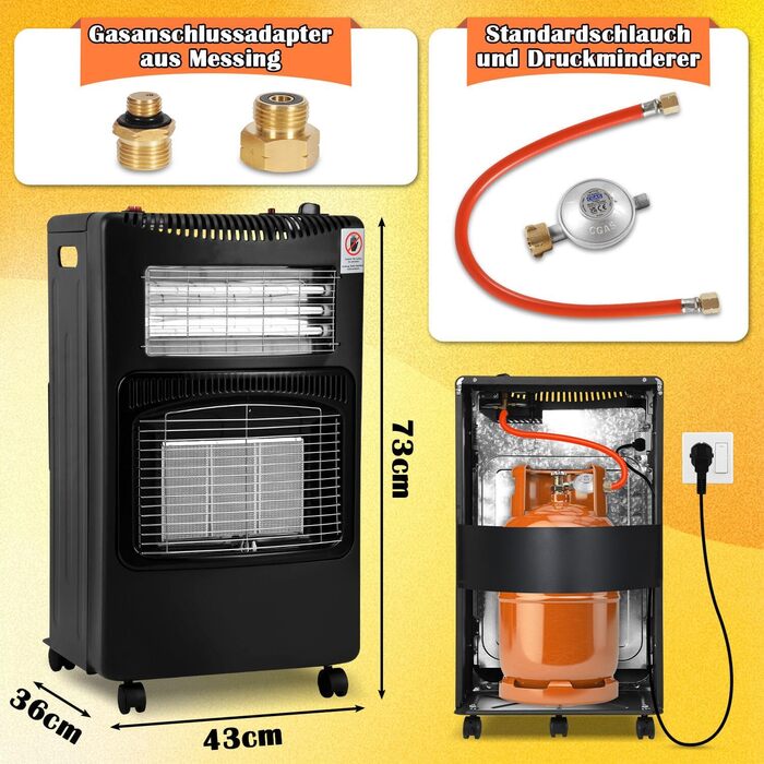 Газовий обігрівач Jiubiaz 4200W з інфрачервоним керамічним нагрівачем, 1260W електричний нагрів, включає редуктор, шланг та адаптер для балонів (Бутан/Пропан)
