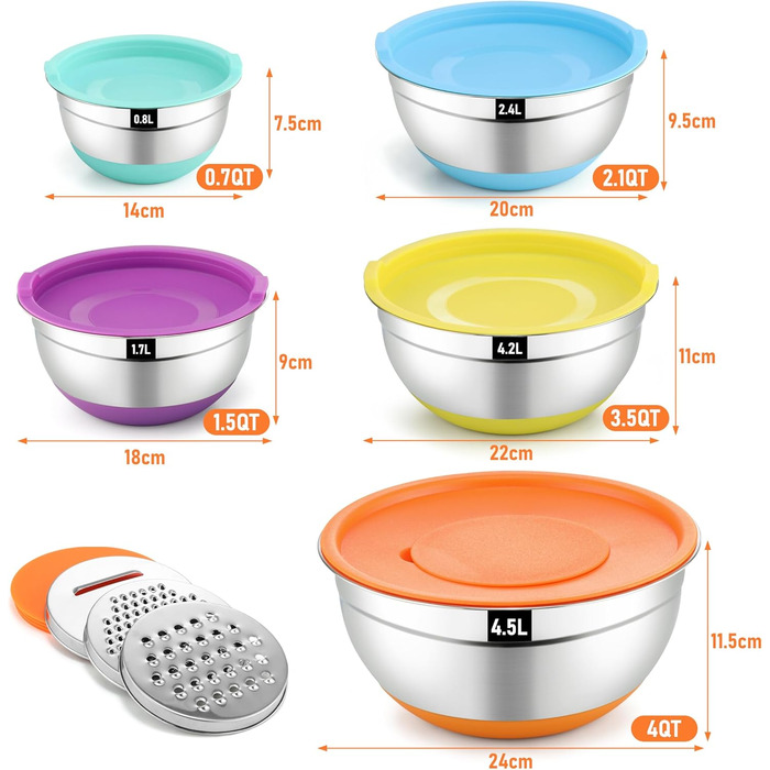Набір мисок Hunnycook 7 шт. з нержавіючої сталі з кришкою, 5L, 4.5L, 4L, 2.4L, 1.7L, 1.25L, 0.8L, миски для салатів, стійкі до миття в посудомийній машині