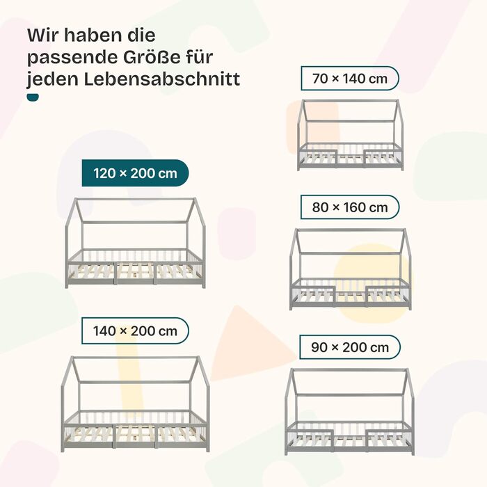 Дитяче ліжко Sisimiut Montessori від en.casa з бортиками, 120x200 см, світло-сірий/білий, з ламелями
