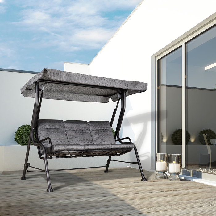 3-місна садова гойдалка Outsunny Hollywood Swing з регульованим навісом від сонця, Textiline Grey 200 x 120 x 170 см для саду та тераси