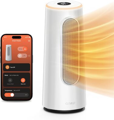 Керамічний обігрівач CLEVAST 1500W з терморегулятором та таймером, 83°C, осциляція, для спальні/офісу (Small)