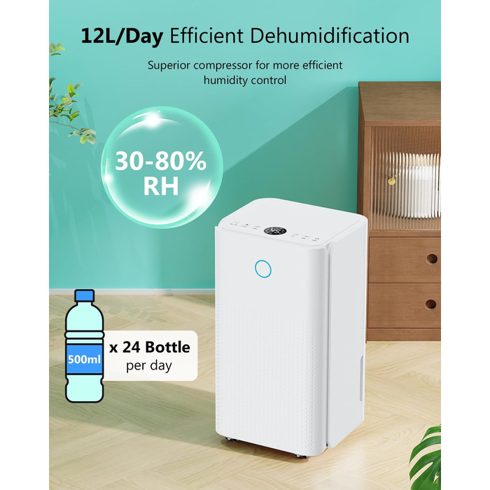 Електричний осушувач повітря 12л/день, тихий осушувач для дому, квартири, підвалу з 3 режимами, таймером 24г, автоматичною відтайкою та енергозбереженням