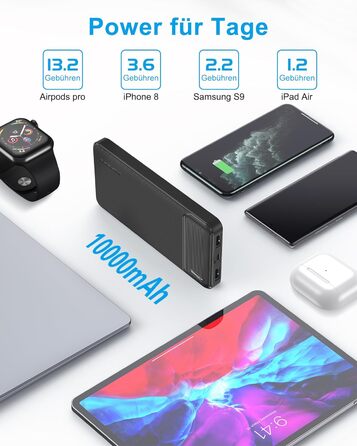 Набір з 2 шт. , тонкий, USB-C, 4 порти, сумісний з iPhone, Samsung, ЧорнийБілий, 10000mAh