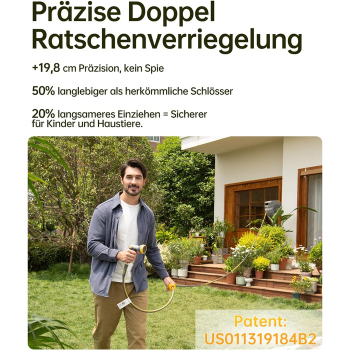 Шланговий барабан GLAHODEN з садовим шлангом 40 м + 2 м, стійкий до сонця та морозу, поворотний на 180°, настінна шланговий бокс з 9-функціональною розпилювальною насадкою
