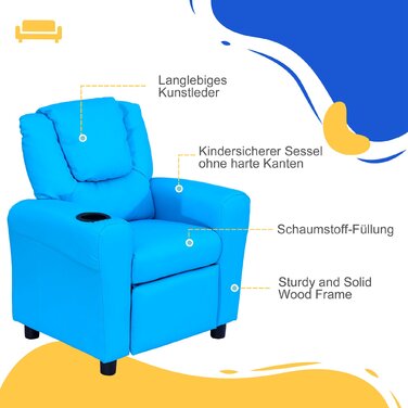 HOMCOM Дитяче крісло з функцією відкидання Міні диван для дітей 3-6 років Синій з підсклянником 62х52х69см ідеальний варіант для ігрових кімнат