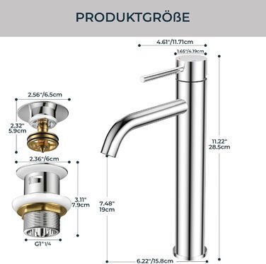 Змішувач для ванної кімнати FORIOUS з набором для зливу, чорний, висота виливу 190 мм, однорідний змішувач для умивальника