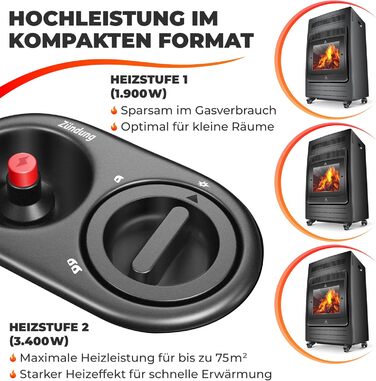 Газовий нагрівач KESSER®: газовий камін-нагрівач, 3.4 кВт, інфрачервоний, 2 режими, з регулятором та шлангом, чорний