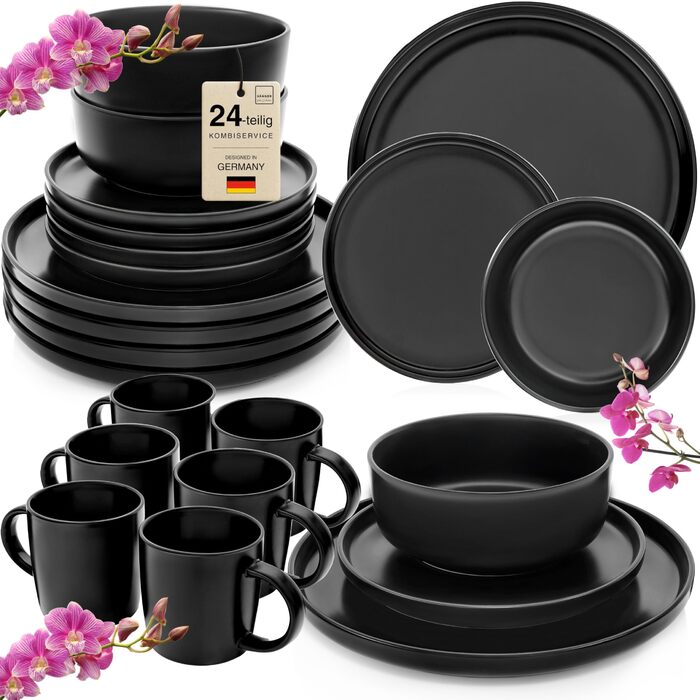 Набір посуду SÄNGER Madeira на 6 осіб, 30 предметів: тарілки, чашки, салатники, стеатовий фарфор, чорний, для мікрохвильовки та посудомийної машини | VALUE COLLECTION