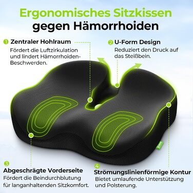 Ортопедична подушка для сидіння AUVON для офісного та автомобільного крісла, кільце для геморою, ергономічна - товстий пінополіуретан Memory Foam, міцна підтримка куприкової області та зняття болю, комфортне сидіння та покращення кровообігу