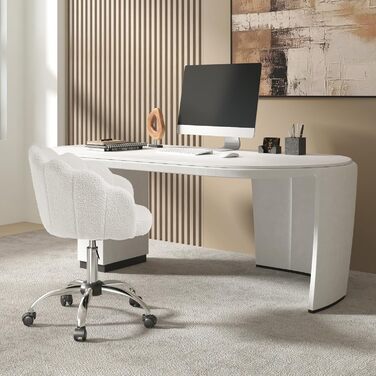 Крісло WOLTU для офісу та дому, крісло до туалетного столика з м'якою спинкою у вигляді пелюсток, поворотне з колесами, регульоване по висоті, для робочого кабінету, спальні, (кремово-білий, кашеміровий матеріал)