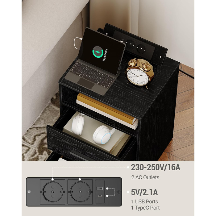 Тумба Hzuaneri з USB і Type-C, LED-підсвіткою, 2 шухляди з замком, відкрита полиця, чорна, для спальні та вітальні