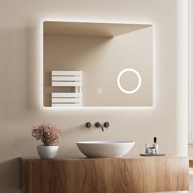 Дзеркало для ванної кімнати з підсвічуванням LED 80x60 см, регульоване, 3 колірні температури (3000K/4000K/6500K), антизапарник, вертикальна/горизонтальна установка, з 3x збільшенням