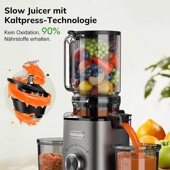 Електричний соковитискач Slow Juicer з великою завантажувальною воронкою 120 мм для цілих овочів та фруктів, об'єм контейнера для соку 600 мл, легке очищення, для сім'ї, фітнесу та здоров'я (сірий)