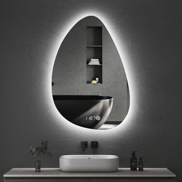 Дзеркало для ванної кімнати з підсвічуванням та годинником 50x70 см, LED, сенсорне керування, 3 кольори світла, диммування, 2470LM, стиль Jy01